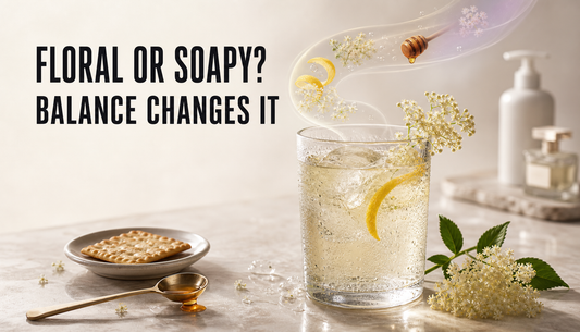 Editorial hero showing a sparkling floral drink with elderflower, lemon, honey, ice, bubbles, and an aroma ribbon drifting toward subtle soap and perfume shapes, with the headline...