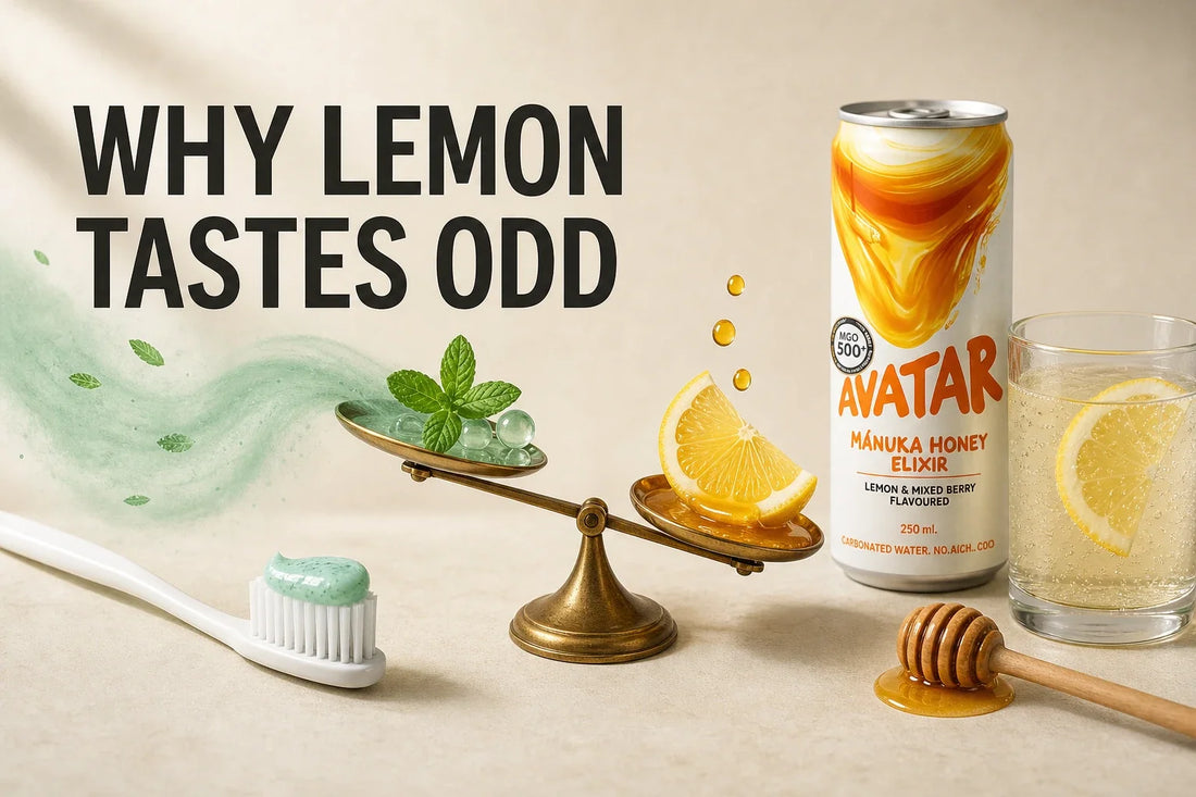 Editorial tabletop hero showing an Avatar Elixir can, lemon drink, toothbrush, and mint toothpaste as a visual metaphor for why lemon can taste odd after brushing.