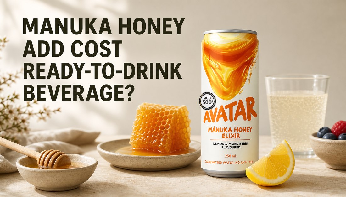Avatar Elixir: Award Winning Clean Energy Powered By Manuka Honey shown in an editorial hero image for the article Why Does Manuka Honey Add Cost to a Ready-to-Drink Beverage?
