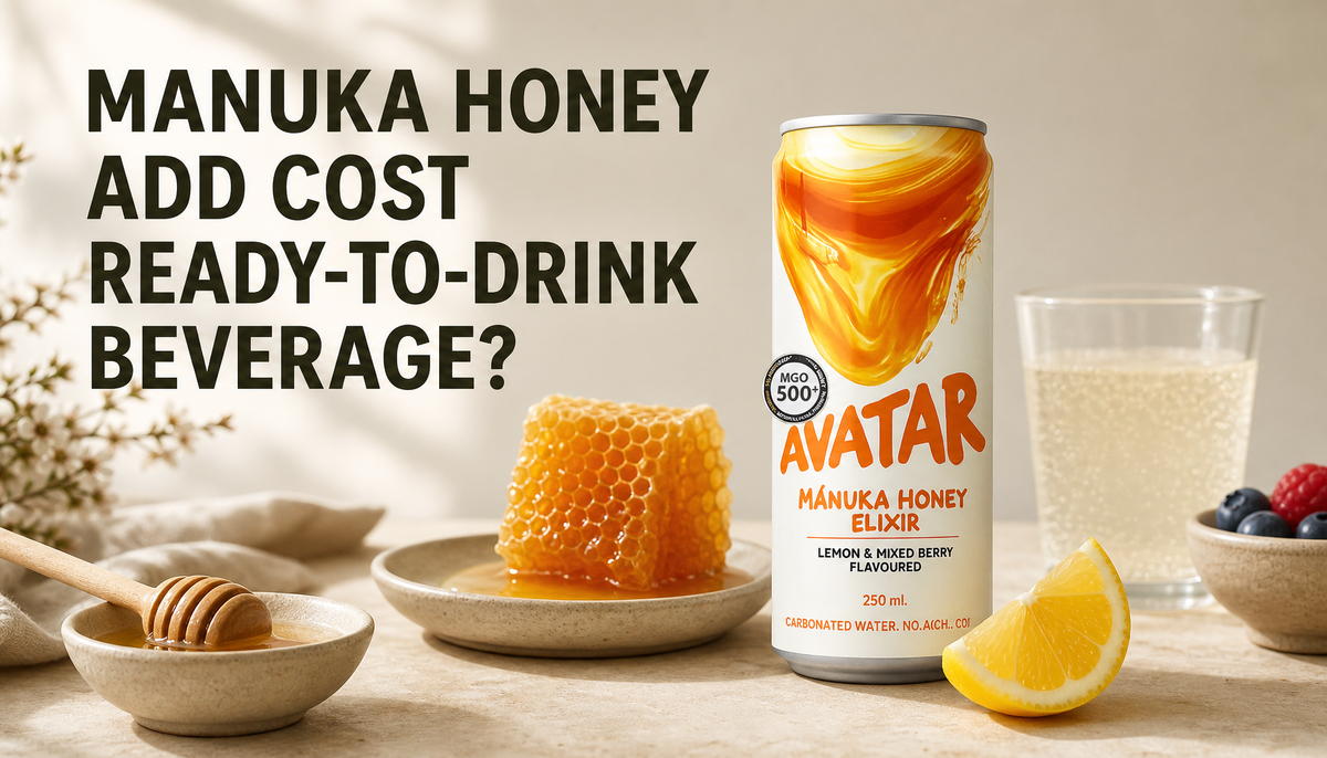 Avatar Elixir: Award Winning Clean Energy Powered By Manuka Honey shown in an editorial hero image for the article Why Does Manuka Honey Add Cost to a Ready-to-Drink Beverage?