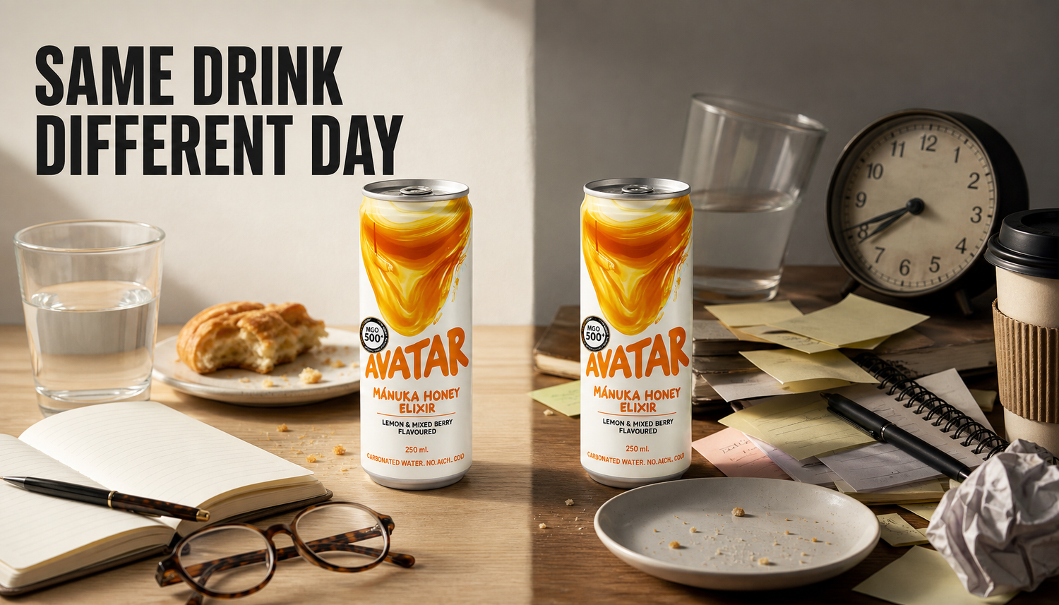 Two identical Avatar Elixir cans on a split work desk, one surrounded by calm routine cues and the other by rushed day cues, with the headline Same Drink Different Day.