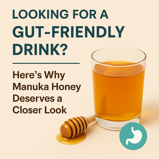Glass of amber Manuka honey with wooden honey dipper and a gut health icon, styled as a promotional image for a naturally sweet, gut-friendly drink.