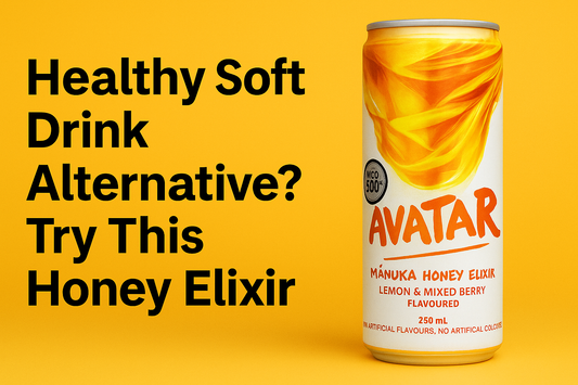 Promotional graphic featuring a tall, slim can of Avatar Manuka Honey Elixir with the headline “Healthy Soft Drink Alternative? Try This Honey Elixir,” styled against a clean background to highlight it as a refreshing, natural soda replacement.