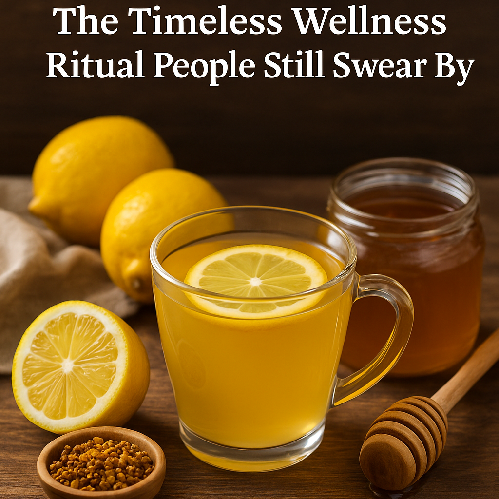 A glass mug of honey lemon tea with fresh lemon slices and a honey dipper on a wooden surface.