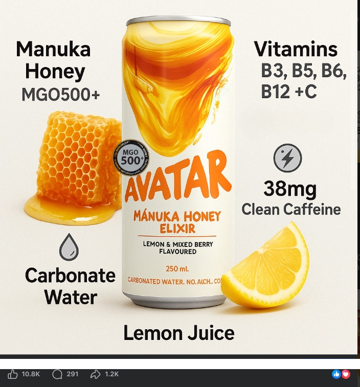 What is inside every can of Avatar Elixir — Manuka MGO500+, B vitamins, 38mg clean caffeine, carbonate water, lemon juice